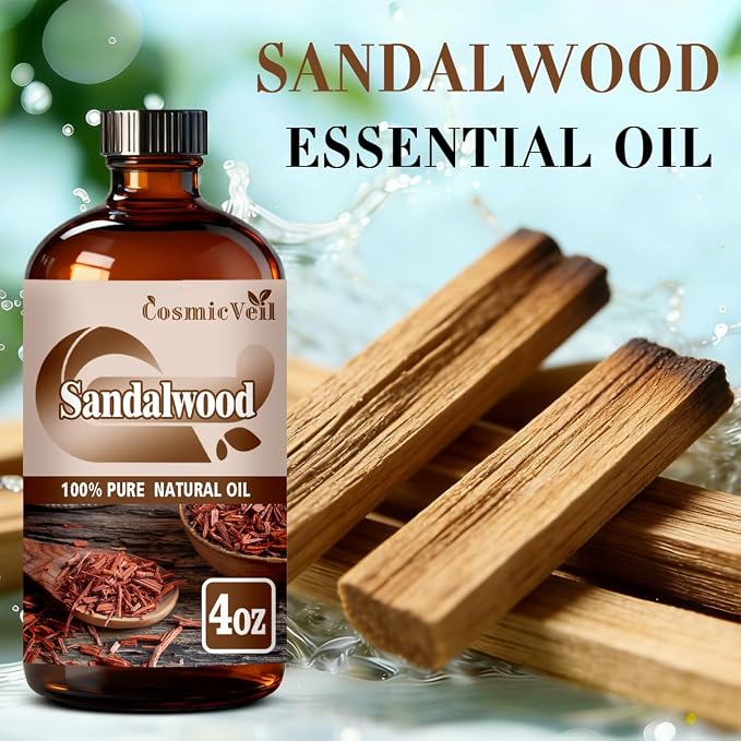 Sandalwood Essential Oil Sandalwood Oil for Aroma Diffuser,Humidifier,Home Fragrance,Cleaning,Body Care,Massage,Yoga,DIY Candle,DIY Soap CosmicVeil（Sandalwood，4 Fl Oz (Pack of 1)）
