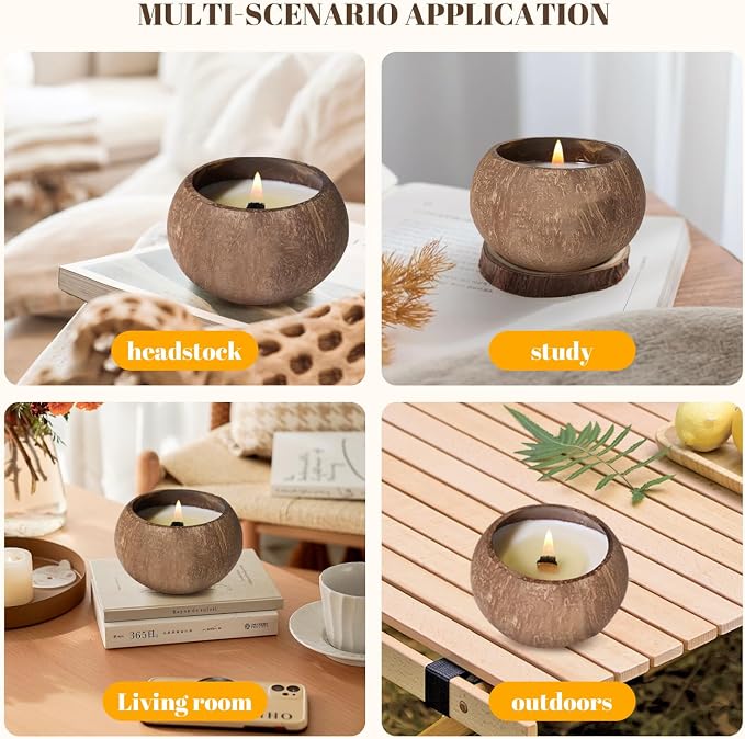Coconut Shell Scented Candle – 60-Hour Burn, Natural Soy Wax with Essential Oils – Eco-Friendly, Handmade Aromatherapy Candle for Relaxation, Stress Relief & Home Decor (Oakmoss Amber)