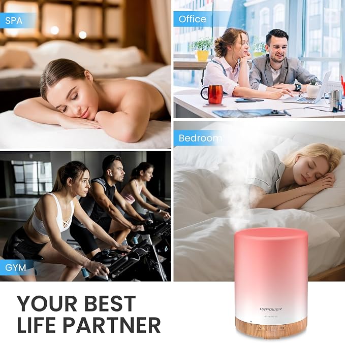 URPOWER 300ml Essential Oil Diffuser Ultrasonic Air Humidifier AUTO Shut Off Aromatherapy Scent Diffuser Night Light 7 Color Changing LED Lights and 4 Timer Settings for Home Office Yoga