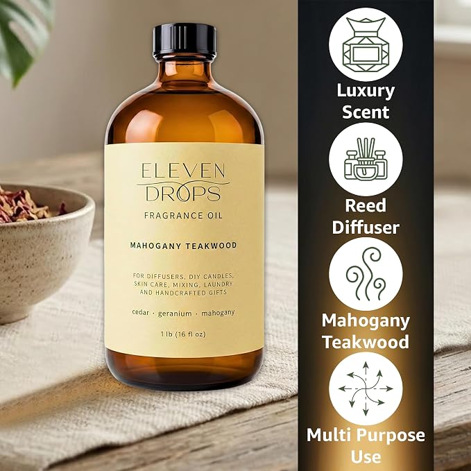 Mahogany Teakwood Fragrance Oil | Cedar, Geranium & Mahogany Notes | Long Lasting Scent Reed Diffuser Oil for Home, Office, Hotel, Car & Linen Spray | Pet Friendly IFRA Compliant, 16 oz