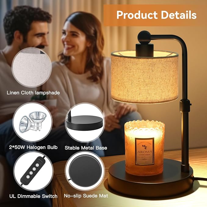 Candle Warmer Lamp with Timer, Height Adjustable Electric Candle Warmer Lamp with 2 Bulbs, House Warming Gifts, Vintage Bedroom Decor Compatible with Various Candles, Valentine Gifts, Birthday Gifts