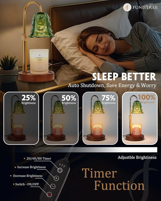 Small Candle Warmer Lamp with Timer, Adjustable Green Lamp Warmer for Jar Candles, Unique Women Gifts for Birthday, Dimmable Candle Heater, Anniversary Day Gifts, Cute Wax Warming Light with Wood Base