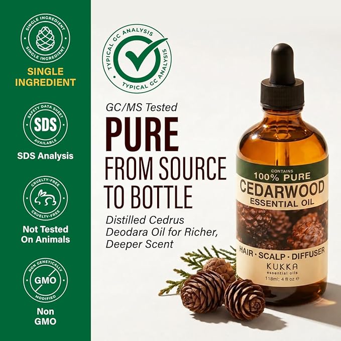 100% Pure Cedarwood Oil - 4 Fl Oz Cedarwood Essential Oil for Hair, Skin, Diffuser, Aromatherapy & DIY Soap Making Scent