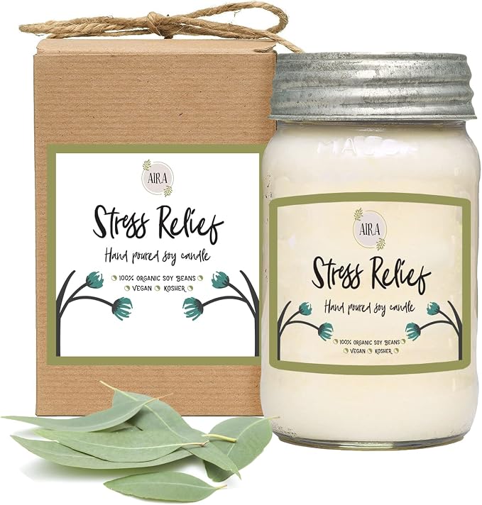 Aira Soy Candles - Organic, Kosher, Vegan, in Mason Jar w/Therapeutic Grade Essential Oil Blends - Hand-Poured 100% Soy Candle Wax - Paraffin Free, Burns 110+ Hours -Relaxing Stress Relief -16 Ounces