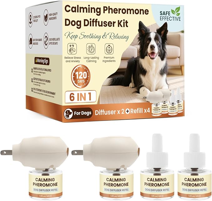 Dog Calming Pheromones Diffuser 6 in 1 Kit - 2 Diffusers & 4 Refills, Plug in Calming Pheromone for Dog Anxiety, Barking, Pee Accidents, Chewing Behavior Control, 120 Days Supply