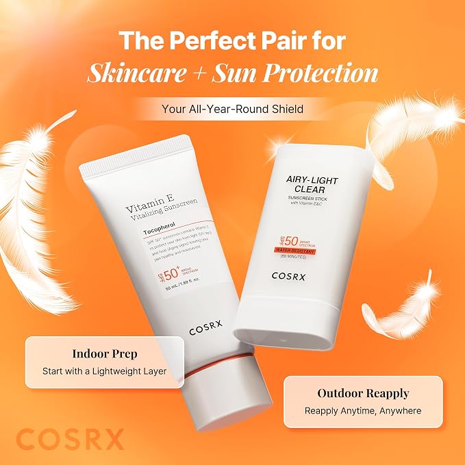 COSRX Airy-Light Clear Sunscreen Stick with Vitamin E&C SPF 50, 0.67 oz, 19g, Korean Suncreen Stick Suncare Sunblock, Lightweight, No White Cast, Water resistant, Oil Control Matte Sunscreen for Face