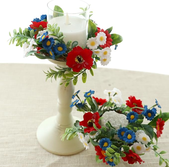 Independence Day Candle Ring 2 Pcs 3'' (Inner) 6'' (Outer) Diameter Floral Candle Rings Artificial Flowers Red-White-Blue Mini Wreaths Ideal Independence Centerpiece for Patroic Decor