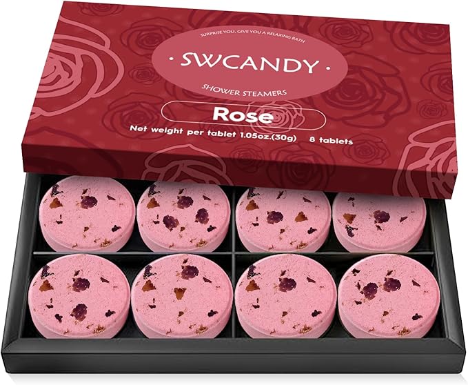 SWCANDY Shower Steamers Aromatherapy Birthday Gifts for Women Travel Essentials, 8 Pcs Rose, Bath Bombs Shower Bombs with Natural Essential Oils, Relaxation Home SPA