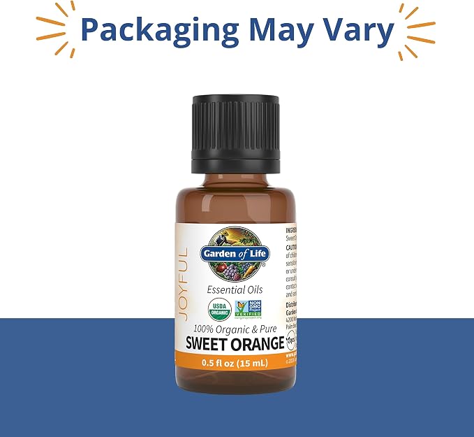 Garden of Life Essential Oil Sweet Orange 100% USDA Organic & Pure, Clean, Undiluted & Non-GMO for Diffuser, Aromatherapy, Meditation, Joyful, Calming, Balancing, Uplifting, 0.5 Fl Oz (Pack of 2)