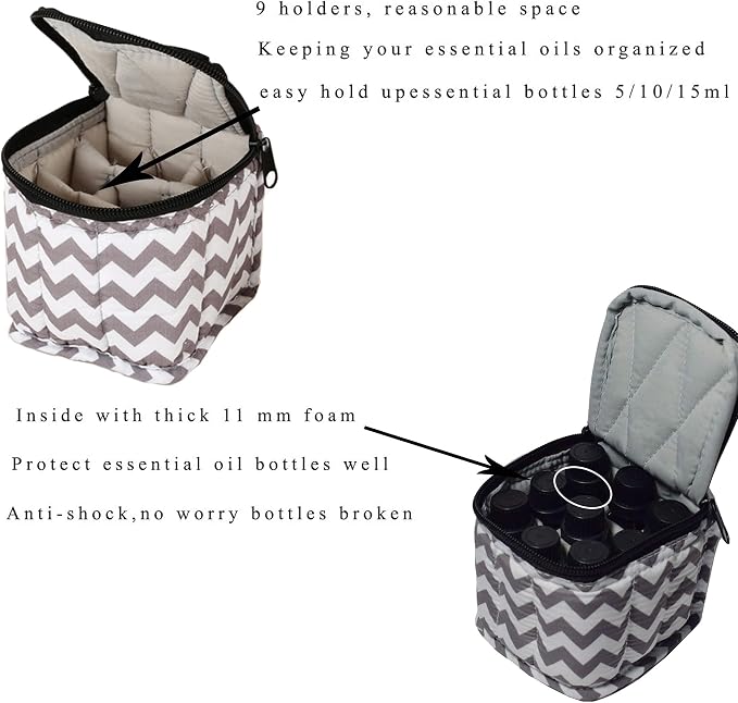 9 Bottles Essential Oil Carrying Case with Thick Foam Protection, Portable and Shockproof Organizer for 5ml to 10ml,15ml Bottles, Nail Polish, Roller Balls and Travel (Chevron Grey)