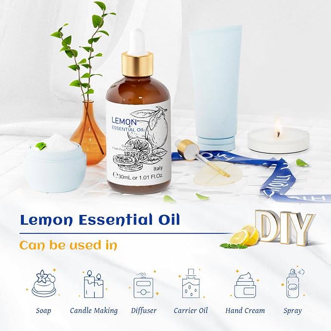 HIQILI Lemon Essential Oil for Cleaning, Skin, Diffuser - 1 Fl Oz/30ML