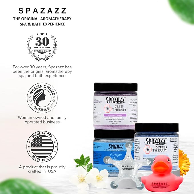 Spazazz Hot Tub Aromatherapy Spa Gift Set – Three 4 Oz Bath Salts in Sleep, Stress and Lavender Palmarosa with Tumbler, 5 Point Massager & Rubber Duck Bath Gift Set- Relaxing Gifts for Women