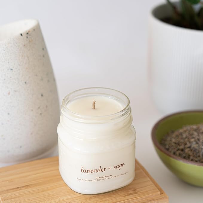 Meditation Soy Wax Candle, Relaxing and Banishing Negative Energy, Non-Toxic Handpoured Glass Jar Candle - Clean Burning, Long Lasting, Candles for Home, Fragrance (Lavender + Sage)