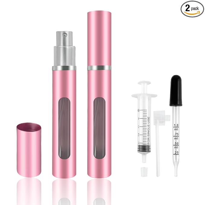 2 Pack Refillable Mini Perfume Atomizer Bottle，Portable Separate Bottles，Travel and Outings Spray Boxes Dispensers 5ml/0.2oz (Pink)