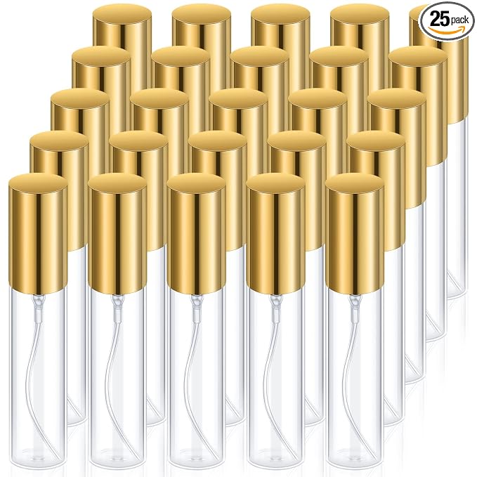 Yinder 25 Pcs 10 ml Glass Refillable Perfume Bottles Bulk Travel Empty Perfume Atomizer Sprayers Portable Spray Bottles Mini Sample Fragrance Containers, Gold