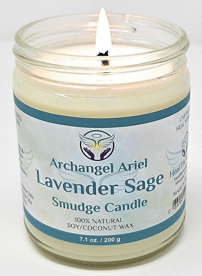 Heal The Masses Lavender Sage Candle - Archangel Ariel Candle for Chakra Healing & Energy Cleansing - Reiki Charged White Sage for Home (7 oz)