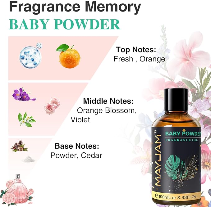 MAYJAM 100ML/3.38FL.OZ Baby Powder Fragrance Oils with Glass Dropper, Essential Oils for Diffusers, Long Lasting Scented Oils for Soap Candle Making