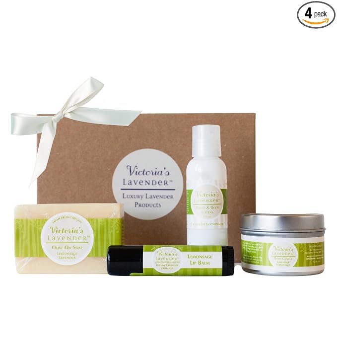 Victoria's Lavender Natural Body Products Gift Set - Handmade Soap, Hand & Body Lotion, Lip Balm, Made in the USA Body Candle Skin Care Set & Kits, Bath & Body Products for Women, Lavender Lemongrass