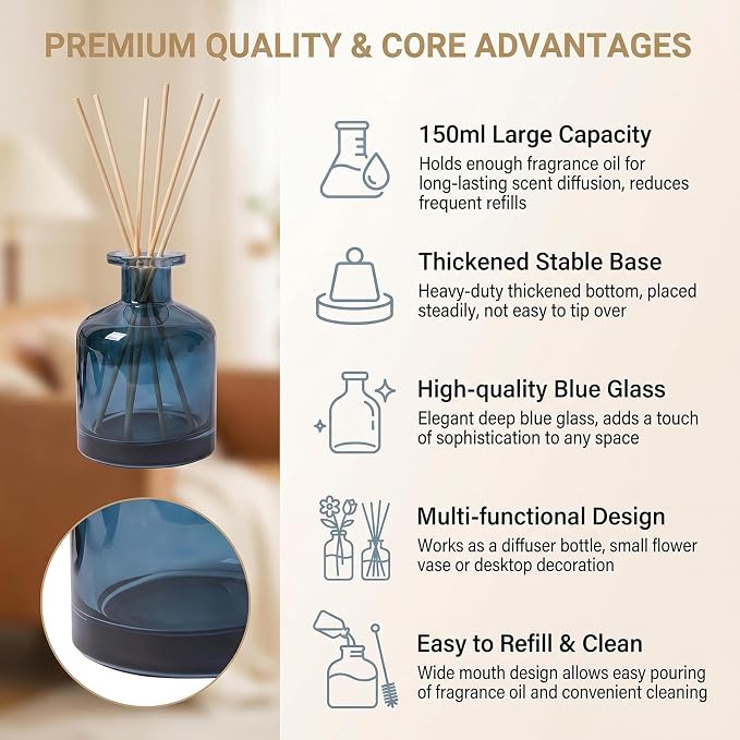 1Pcs Glass Aromatherapy Diffuser Bottle Fragrance Accessories for DIY Replacement Diffuser Sticks Essential Oils Crafts Decor (Blue)