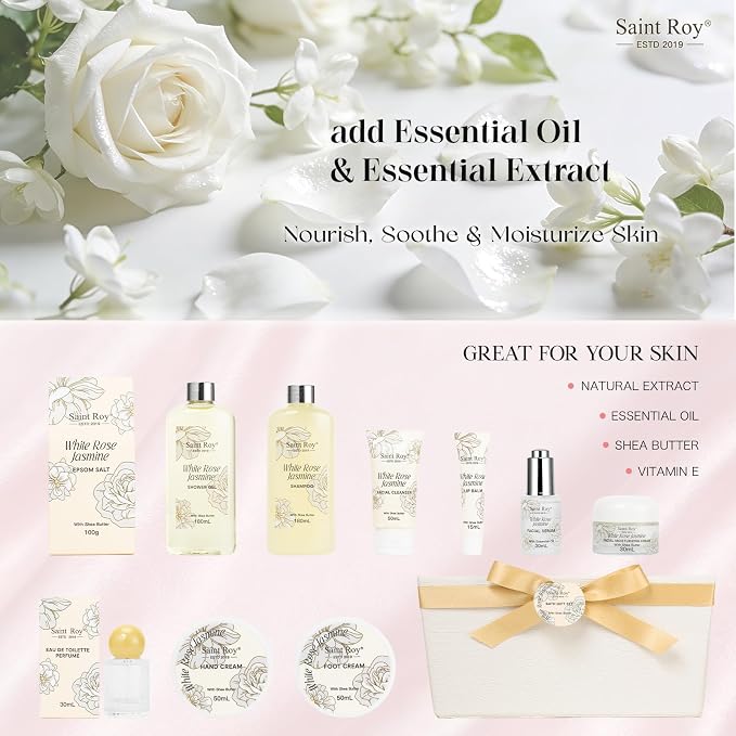 37 Pcs Bath Spa Gifts for Women, Mothers Day Gifts, WHITE ROSE JASMINE Bath & Body Gift Basket, Face Skin Care Kit, Home Spa Gift Set, Self-Care Kit, Necklace, Birthday, Christmas, Anniversary