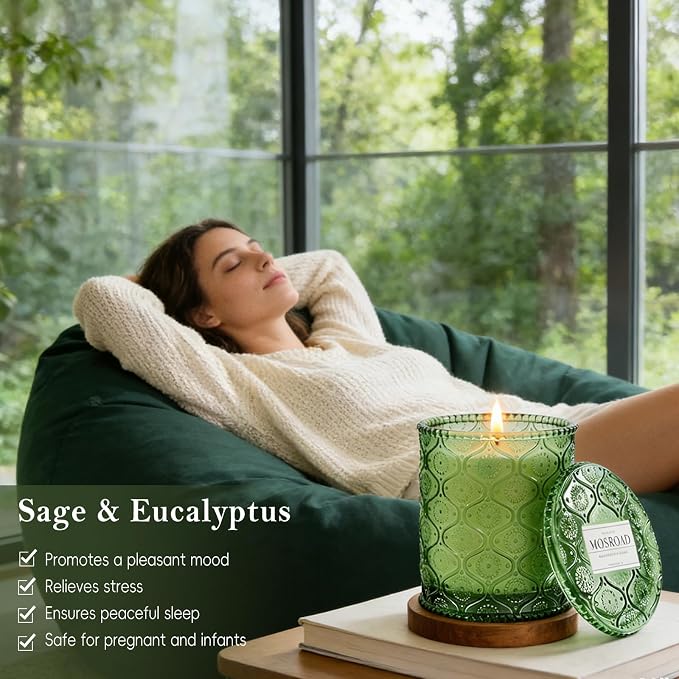 Sage & Eucalyptus Scented Jar Candle, Non Toxic Natural Soy Wax Home Fragrance Candles, Luxury Aromatherapy Candle for Cleansing & Relaxation, Stress Relief, Meditation, Yoga,Home Spa & Meditation