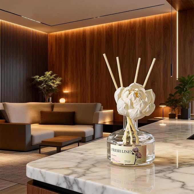 8.45 oz Fresh Linen Scent Diffusers with 6 Reed Sticks,250ml Reed Diffuser for Bathroom Room Air Freshener, Last up for 50 Days