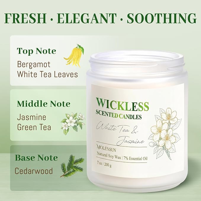 White Tea & Jasmine Wickless Candle for Candle Warmer Lamp with 10ml Essential Oil for Custom Aroma, Flameless Non-Toxic Soy Scented Candle for Home, Mother’s Day or Birthday Gift for Women