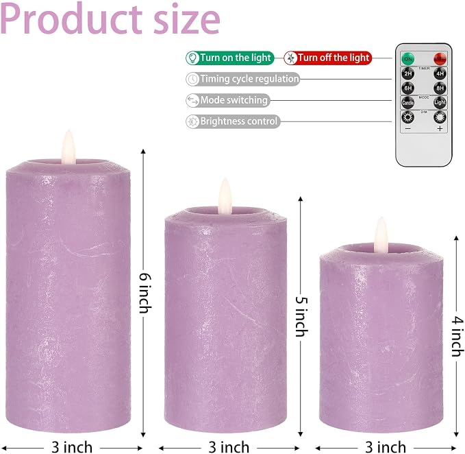 ANGELLOONG Purple LED Candle with Timer, Real Wax Flameless Pillar Candles with Remote, Set of 3 Flickering Electric Battery Operated Candles for Home Decor Halloween Christmas Decoration