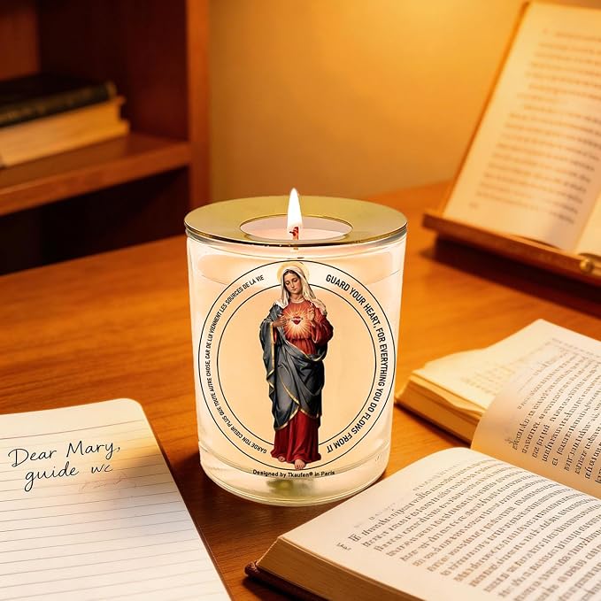 Immaculate Heart of Mary Devotional Candle 50 Hours with Warmer Ring│Hand-Poured Soy Wax│Sinless, Pure, and All‑Loving Heart, Faith, Hope, and Charity, Mother of The Church│Design in Paris│3“×3.6”