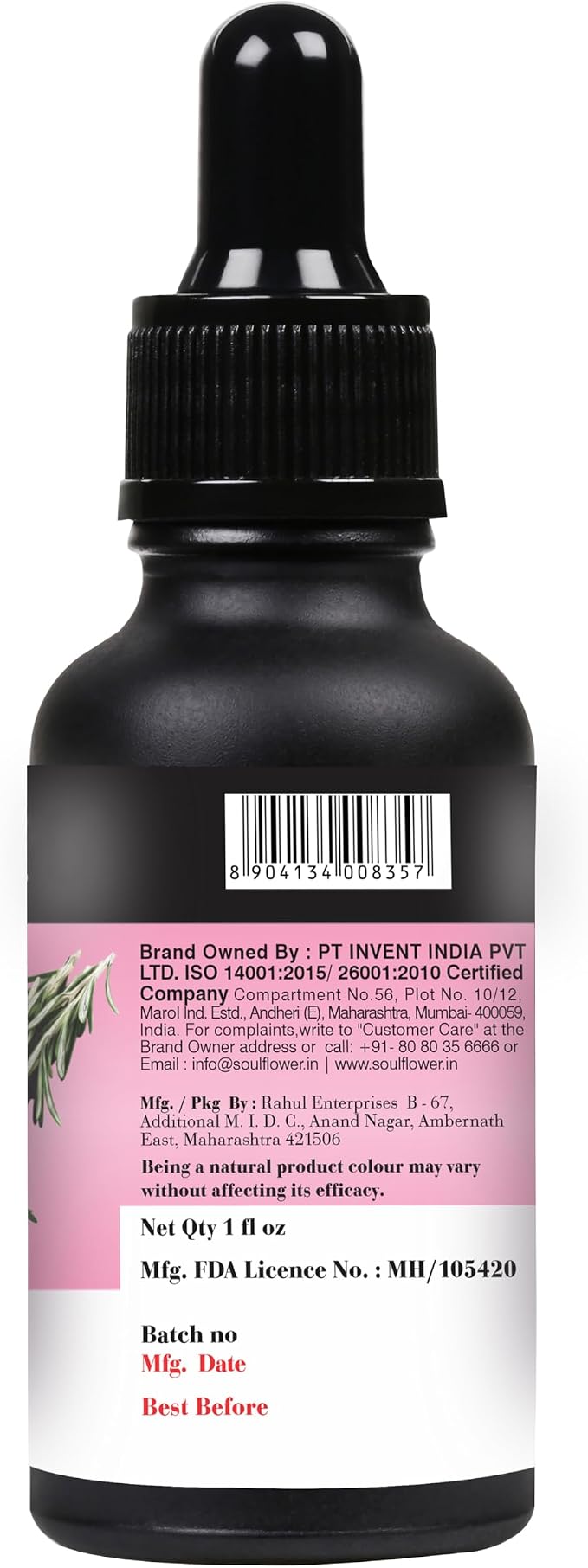 Soulflower 100% Pure Rosemary Oil for Hair Growth, Hair Fall Control, Strengthening, Volumising Hair Oil for All Types | Organic Certified (1 fl oz)