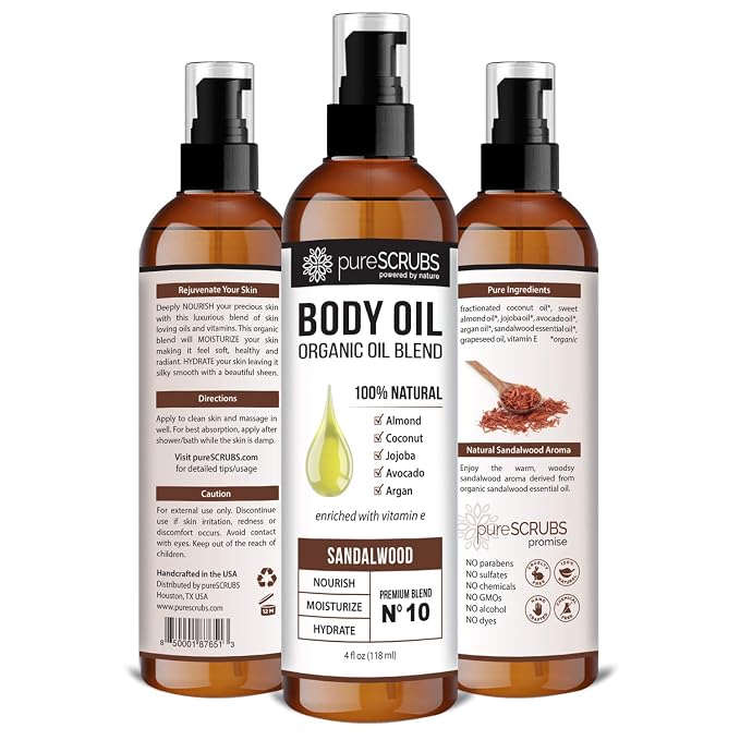 pureSCRUBS Ultra Moisturizing Sandalwood Body Oil for Dry Skin, Lightweight Full Body Moisturizer for Soft, Silky Skin, Massage & Cuticle Oil, Vitamin E Enriched, 4 oz