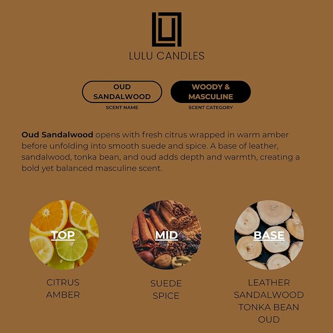 Lulu Candles | Oud Sandalwood | Smells Smokey & Woody | Luxury Scented Soy Jar Candle | Hand Poured in The USA | Highly Scented Long Lasting (9 Oz.)