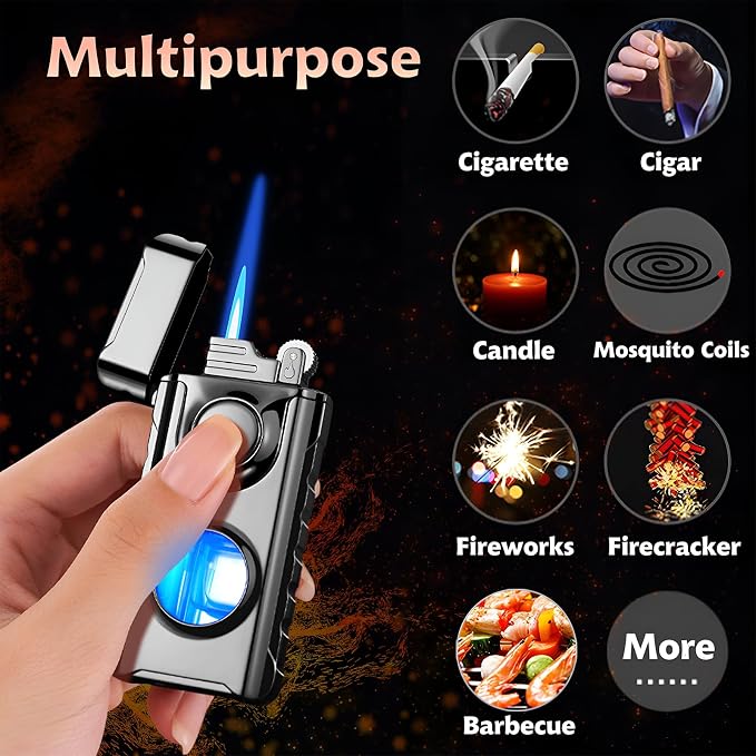 Torch Lighter, Creative Dual Flame Lighter with 6pcs Flint Stone, Windproof Lighter with Visible Fuel Tank, Adjustable Soft Flame and Jet Flame 2 in1,Refillable Butane Lighter for Gifts Men-Ice Blue