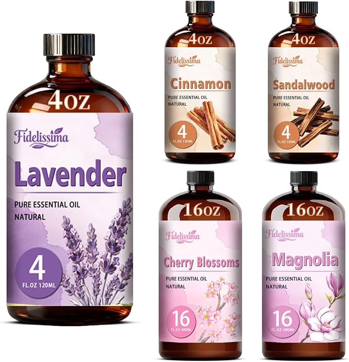 Fidelissima Natural Essential Oil Set,5 Scents Gift Kit–Lavender,Cinnamon,Sandalwood,Cherry Blossom,Magnolia,Fragrance Oil for Diffuser,Candle Soap Making,Personal Care with Glass Dropper