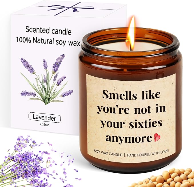 TUZELIYA 60th Birthday Candle Gifts - Lavender Scented Soy Candle - Handmade 60th Birthday Decorations for Women Men, 1965 Birthday Gift Ideas for Her, Mom, Friends