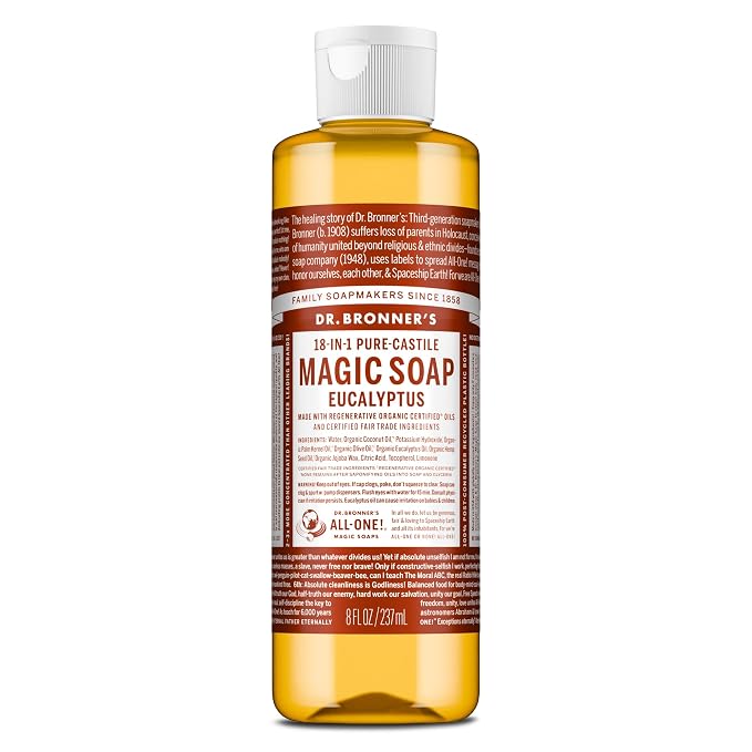 Dr. Bronner's Pure-Castile Magic Soap Liquid (Eucalyptus, 8 Ounce) - Made with Regenerative Organic Certified Oils, 18-in-1 Uses: Face, Body, Hair, Laundry, Pets and Dishes, Concentrated, Vegan