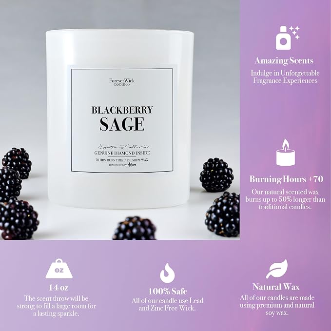 Foreverwick BlackBerry Sage Candle | Royal Essence Candle with Diamond Inside | Cleansing Sage Aroma | Strong Scented Candles for Decor | 14 oz & 70 Hours Burning Time