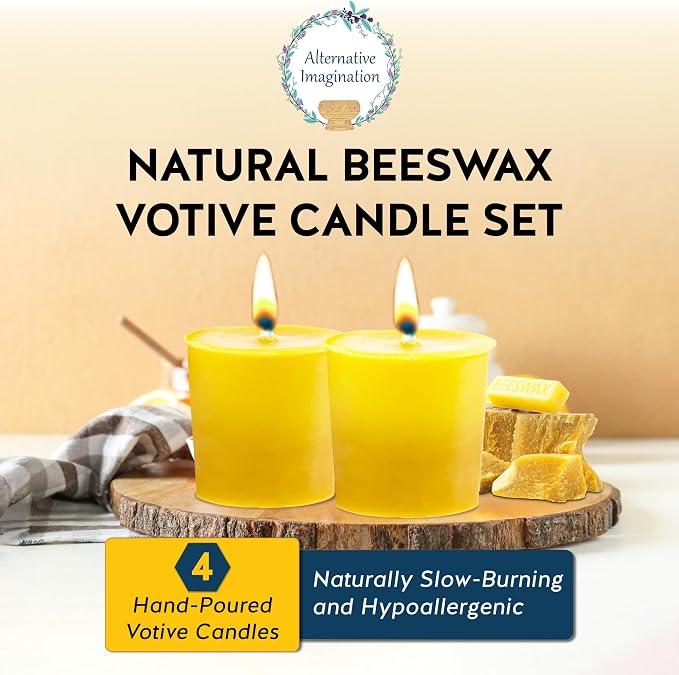 Alternative Imagination 100% Pure Natural Beeswax Votive Candles - 4 Pack - Hand-Poured - Unscented- Light Honey Aroma - 15 Hour Burn - Paraffin-Free, Long Lasting for Prayer, Meditation & Home Decor