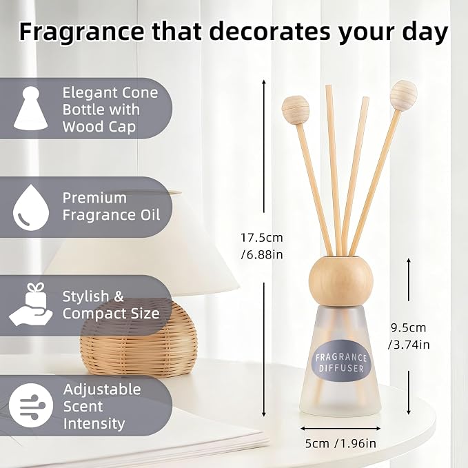 Reed Diffuser Set, Blue Bell Scent with Reed Sticks, 1.7 fl oz / 50ml Cone-Shaped Bottle with Round Wooden Cap, Ideal for Bathroom, Bedroom, Office, Home Fragrance for Shelf Decor Air Freshener Gift