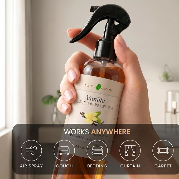 Vanilla Linen and Room Spray, Natural Home Fragrance Made with Pure Vanilla Essential Oil, Perfect Bathroom Air Freshener or Linen Spray (8.5 fl oz)