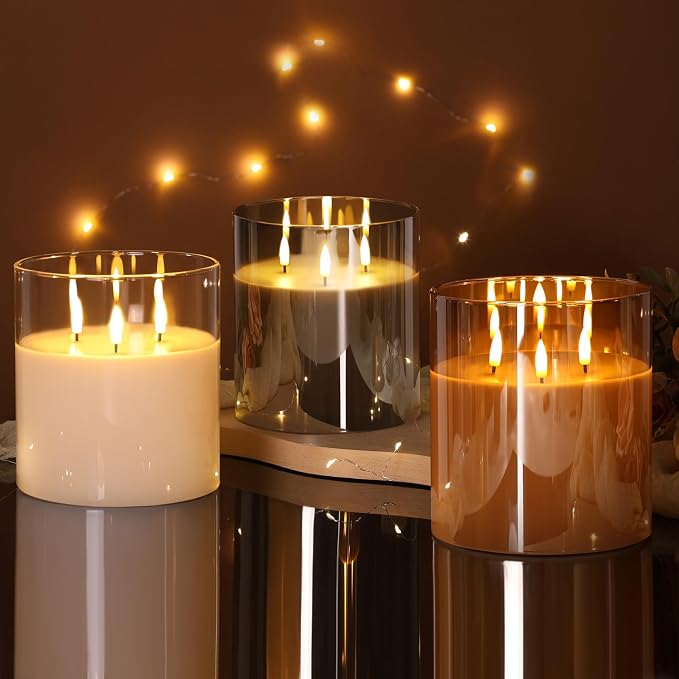 Eywamage 3 Wick Smoke Grey Glass Flameless LED Candle with Remote, Flickering Large Battery Pillar Candle Decor Φ 6" H 6"
