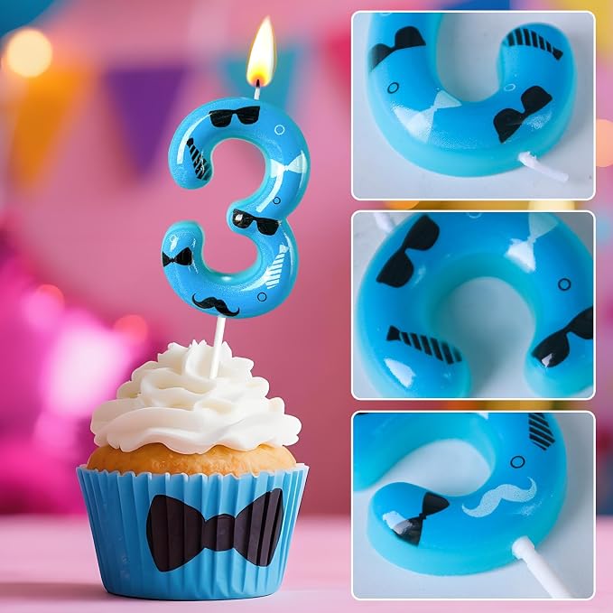 Number 3 Birthday Candle for Cake – Blue Gentleman Style with Sunglasses, Bow Tie & Mustache Design – Cool Cake Topper for Birthday Party Decoration