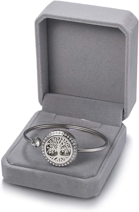 Cupimatch Adjustable Tree of Life Essential Oil Diffuser Bracelet, Stainless Steel CZ Aromatherapy Locket Bangle 8 Color Pads Jewelry Set for Women for Mother's Day