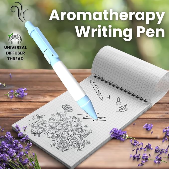 Aromatherapy Writing Pen Battery with Real Ink Tip and Hidden Diffuser Port, Soft Touch Ballpoint for Note Taking, Signature, and On-The-Go Relaxation, Rechargeable Wellness Gift for Office (Sky)