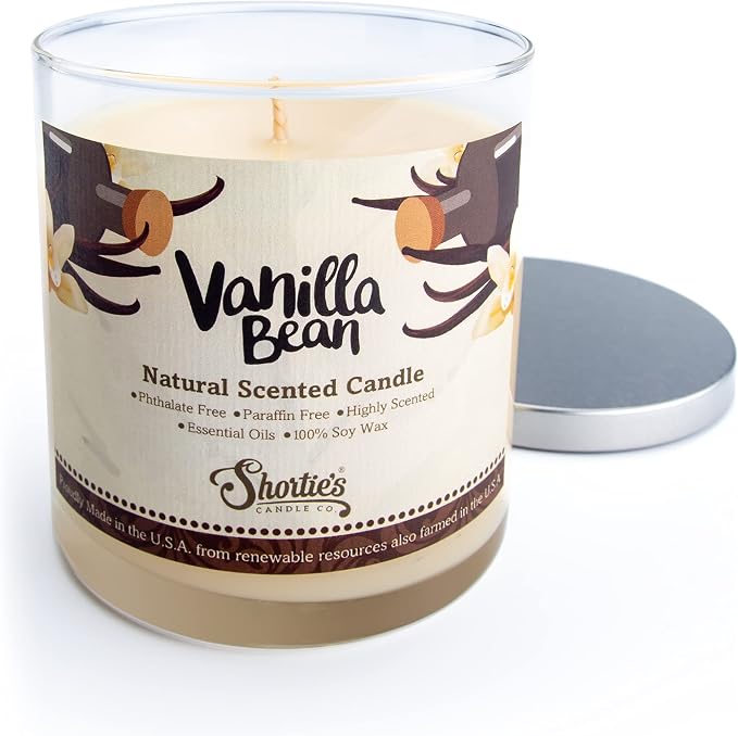 Vanilla Bean Scented Natural Soy Candle, Essential Fragrance Oils, 100% Soy, Phthalate & Paraben Free, Clean Burning, 9 Oz.
