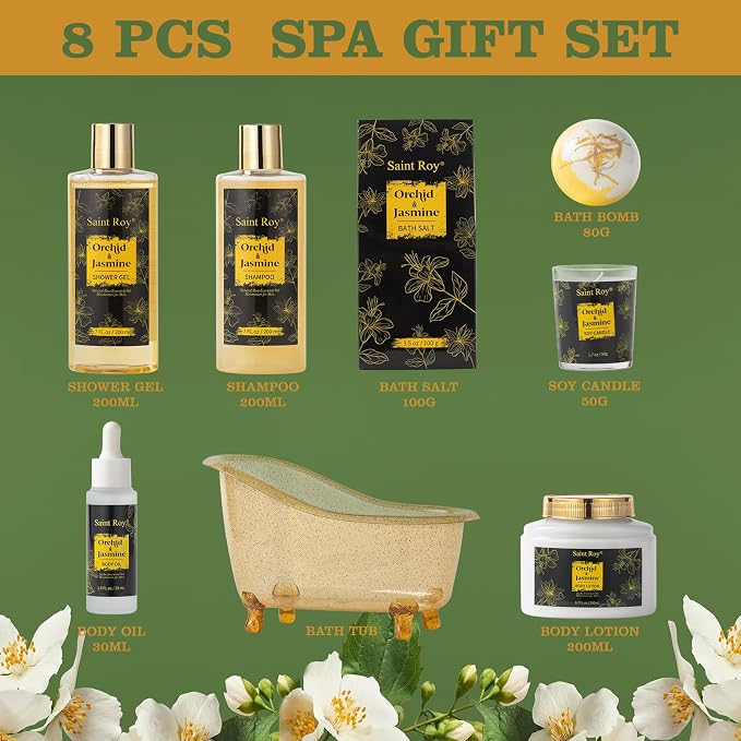 Spa Gift Basket for Women & Men Home Spa Bath Gift Basket, Spa gift set Christmas Gifts, Spa Kit Self-care Gifts, Spa Collection Gift, Orchid Jasmine Bath and Body Gift Pampering Spa Gifts father Day