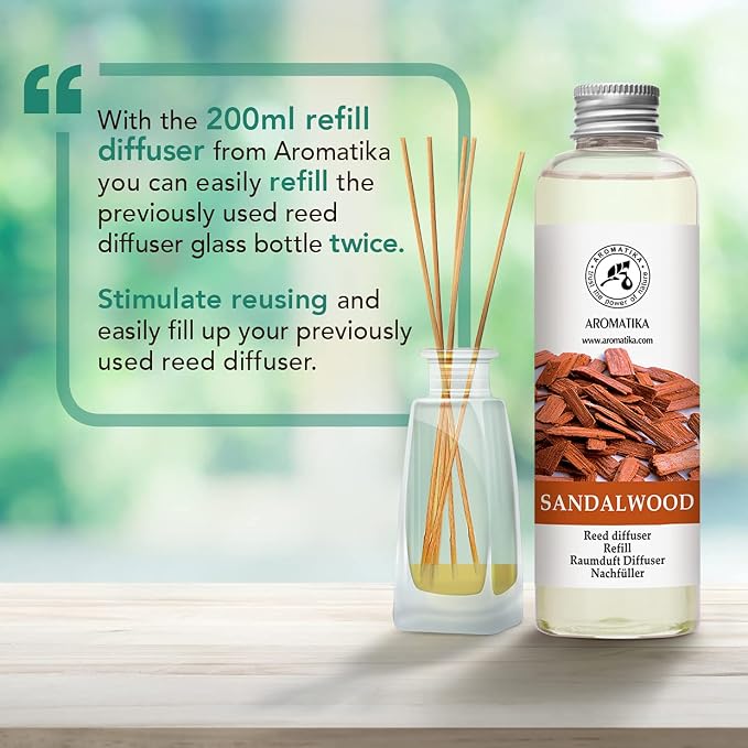 Reed Diffuser Refill Sandalwood 6.8 Fl Oz - 200ml - Room Diffuser Refill - Home Fragrance - Scented Diffuser - Fresh Fragrance - Aromatherapy - Air freshener - Fresh and Long Lasting Fragrance