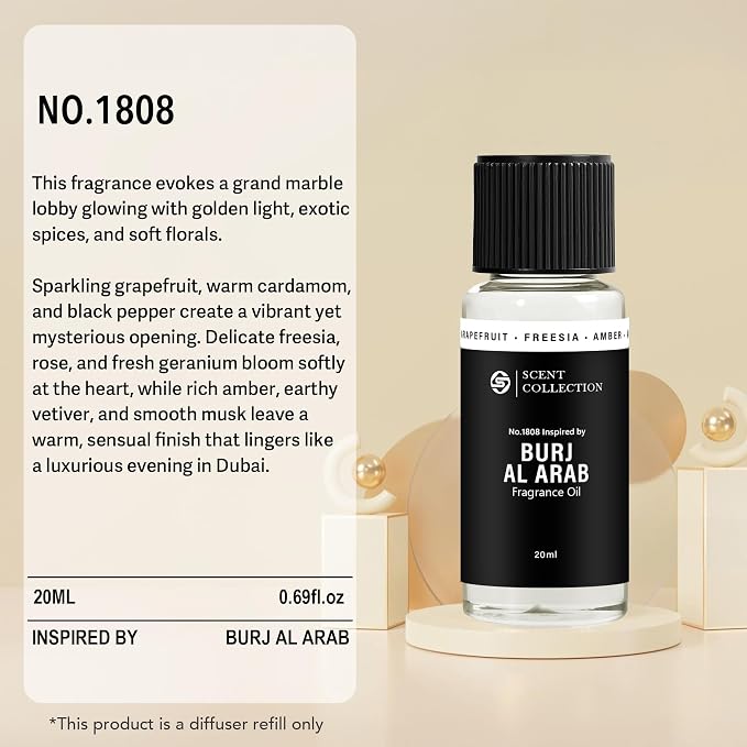 Dubai Luxury Scent Diffuser Oil – Hotel Style Fragrance Oil for Home, Large Room – Long Lasting Aroma Oil for Ultrasonic & Waterless Diffusers –Grapefruit, Freesia, Amber (20ml/0.68Fl oz)