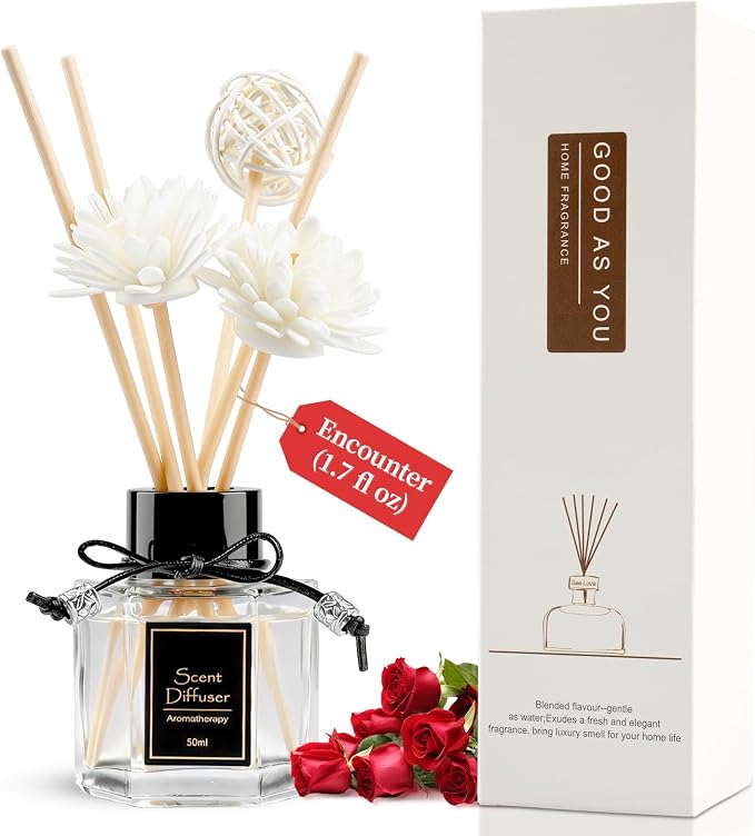Encounter Reed Diffuser 1.7 fl oz, Romantic Floral & Woody Home Scent | Natural Non-Toxic Essential Oil with 6 Sticks | Long-Lasting Air Freshener for Bedroom Living Room Gift