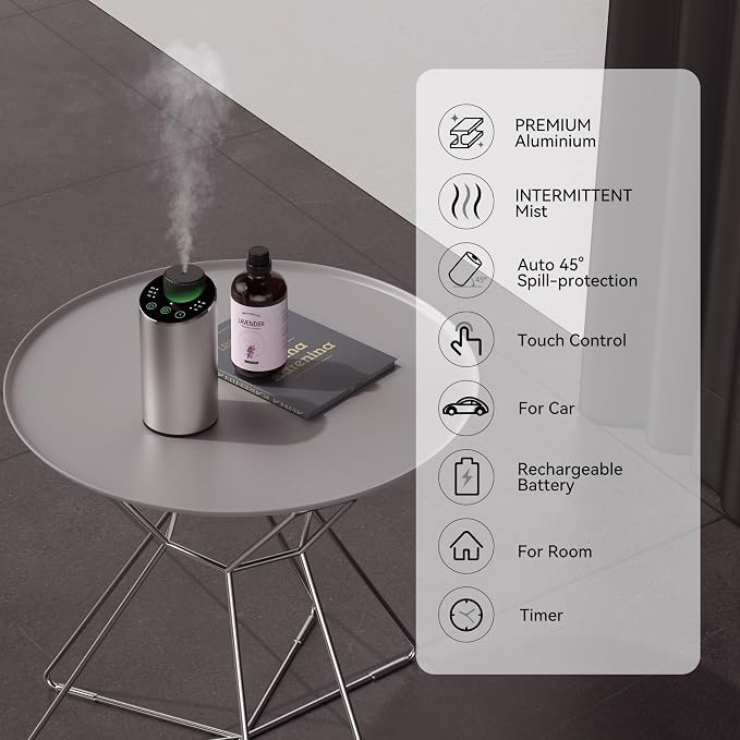 Waterless Essential Oil Diffuser Aromatherapy Scent Diffusers for Home Large Room, Bedroom, Car, Office, Desk, Battery Operated Mini Portable Air Freshener, 3 Countdown Timers & 3 Mist Levels, Silver